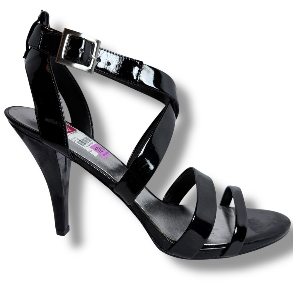 Nine West Black PU Patent Leather Heeled Sandals Strappy Ankle Strap Sz 10.5
